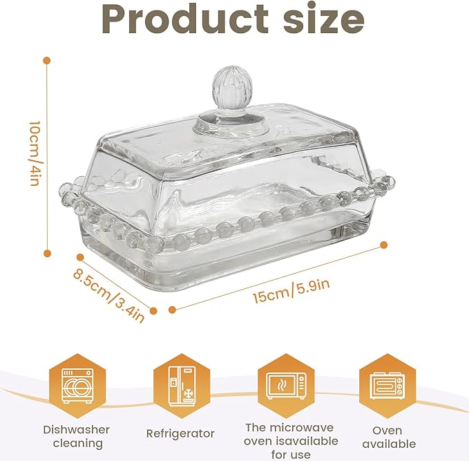 Glass Butter Dish with Large capacity for Countertop Crystal Butter Container with Cover for Counter Butter Keeper Tray Holder for Refrigerator