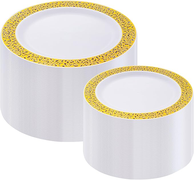 I00000 200 Pieces White and Gold Plastic Plates, Disposable Plastic Plates for 100 Guests Include: 100 Pcs Dinner Plate 10.25” and 100 Pcs Dessert Plate 7.5” with Gold Lace Rim Perfect for Party