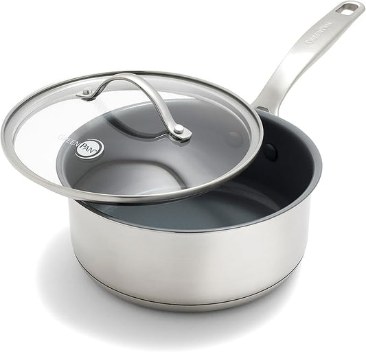 GreenPan Stainless Steel Treviso 2.1QT Saucepan with Lid, Healthy Ceramic Nonstick, PFOA-Free PFAS-Free, Induction, Dishwasher Safe, Oven Safe, Even Heating, Silver