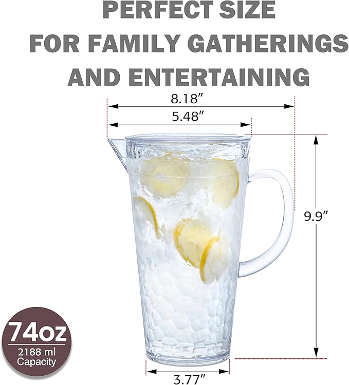 Bzyoo 74oz Clear ChillCraft Water Jug, BPA-Free Pitcher with Lid, Hammered Glass-Style Durable Plastic, Ripple Effect Design, Easy-Pour Spout, Ideal for Orange Juice, Iced Tea, Infused Waters