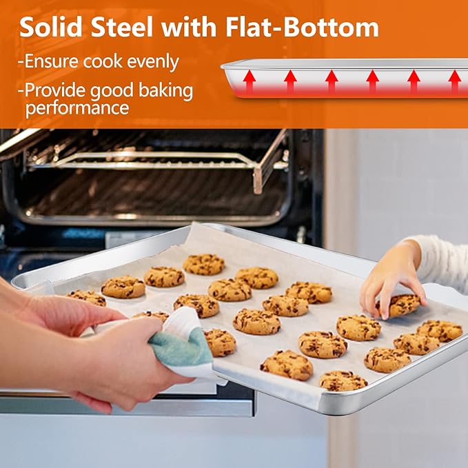 E-far Extra Large Baking Sheet, 20”x14” Stainless Steel Cookie Sheet Pan for Oven with 50 Parchment Paper, Rectangle Metal Baking Tray for Roasting, Rust Free & Heavy Duty, Dishwasher Safe-2 Pack