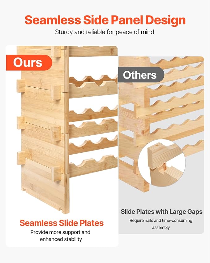 VEVOR Stackable Modular Wine Rack, 8-Tier 72 Bottles, Freestanding Wines Holder Display Shelf, Solid Bamboo Wood Storage Racks, Wobble-Free Shelves for Kitchens, Dining Rooms, Cellars, Natural Color
