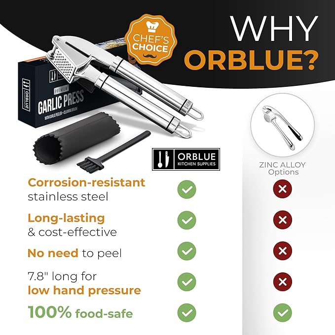 ORBLUE Garlic Press Stainless Steel - Premium Professional Grade Garlic Mincer, Crusher & Peeler Set - Easy Clean, Dishwasher Safe & Rust-proof