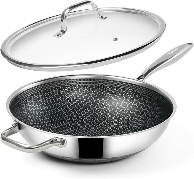 Hybrid 12-Inch Wok with Lid,Nonstick Stainless Steel Woks & Stir-fry pans,Stay-Cool Handle,PFOA Free Cookware,Dishwasher and Oven Safe,Compatible with All Cooktops