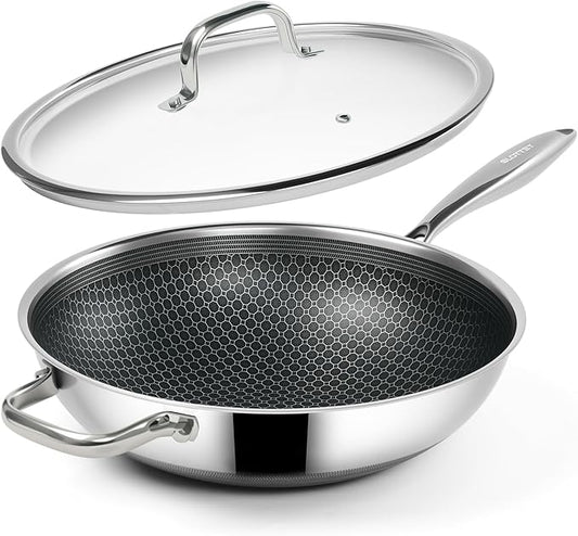 Hybrid 12-Inch Wok with Lid,Nonstick Stainless Steel Woks & Stir-fry pans,Stay-Cool Handle,PFOA Free Cookware,Dishwasher and Oven Safe,Compatible with All Cooktops