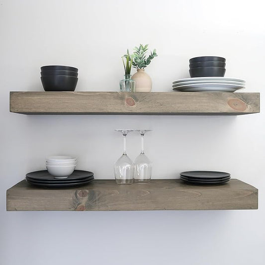 Modern Floating Shelves 3 Inches Thick for Wall, Wide Shelves for Kitchen, Living Room, Bedroom, and Bathroom, Natural Pine Wood, Rustic Wooden Shelf, (Set of 2) (Aged Barrel, 24Lx3Hx8D)