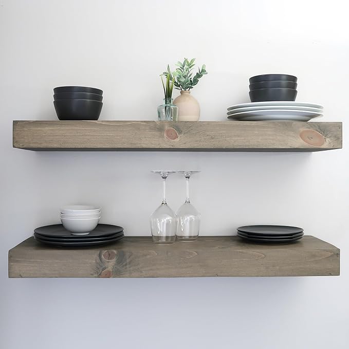 Modern Floating Shelves 3 Inches Thick for Wall, Wide Shelves for Kitchen, Living Room, Bedroom, and Bathroom, Natural Pine Wood, Rustic Wooden Shelf, (Set of 2) (Aged Barrel, 60Lx3Hx8D)