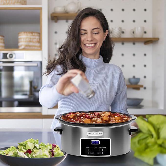 8-Quart Digital Programmable Slow Cooker with Timer - Small Kitchen Appliance for Family Dinners - Serves 10+ People - Heat Settings: Keep Warm, Low and High