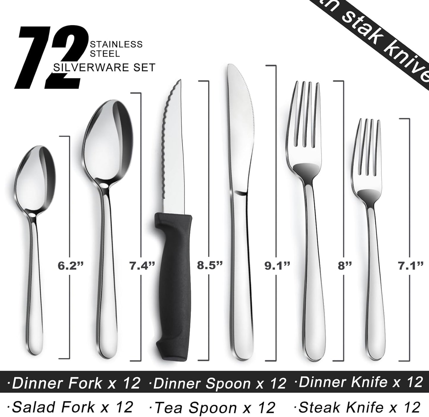 Pleafind 72-Pieces Silverware Set for 12, Flatware Set with Steak Knives, Stainless Steel Cutlery Set, Include Forks Spoons and Knives Set, Dishwasher Safe Utensil Sets for Home Restaurant