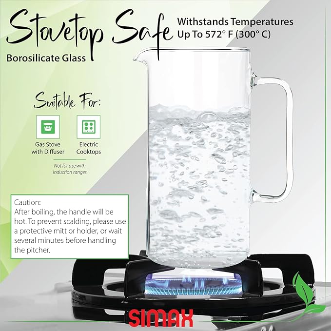 Simax Glass Pitcher, 64 Ounce (2 Quart) Borosilicate Glass, Made in Europe Hot and Cold Safe Iced Tea Pitchers for Drinks, Water, Lemonade Pitcher, Cocktail Jug, Sangria Pitchers