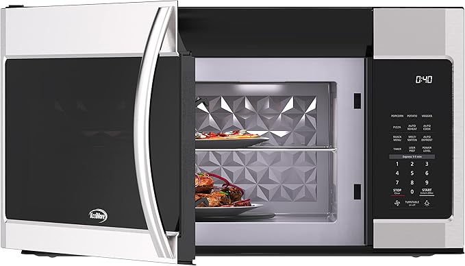 KoolMore KM-MOT-2SS Range Microwave Oven Lamp and 300CFM Recirculation Vent Hood, Auto Cook Menus, Reheat Function, 11 Power Levels, Timer, and Weight Defrost, 30 in/1.9 Cu. Ft, Silver