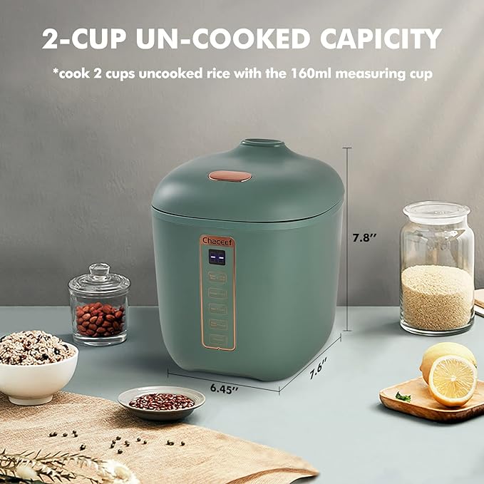 CHACEEF Mini Rice Cooker 2 Cups Uncooked, 1.2L Rice Cooker Small, Portable Non-Stick Small Travel Rice Maker, BPA Free, Smart Control Multifunction Cooker with 24 Hours Timer Delay & Keep Warm Function, Green