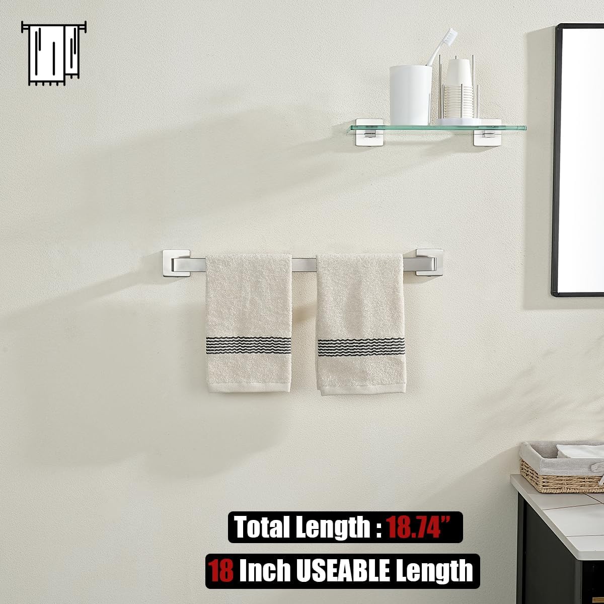 JQK Brushed Towel Bar, Rounded Edges 20.41 Inch Towel Rack, 304 Stainless Steel Bathroom Wall Mount, Useable Length 18 Inch, TB250L18-BN