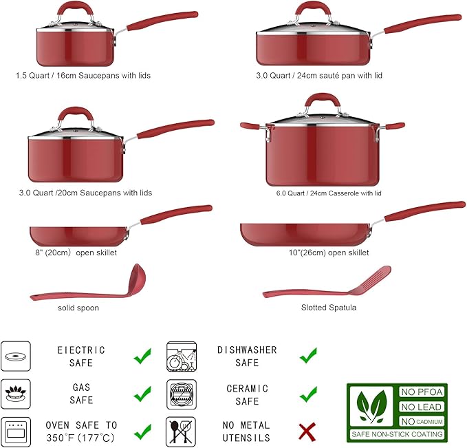 Amazon Basics Aluminum NS 12pc Red cookware set, 12 piece
