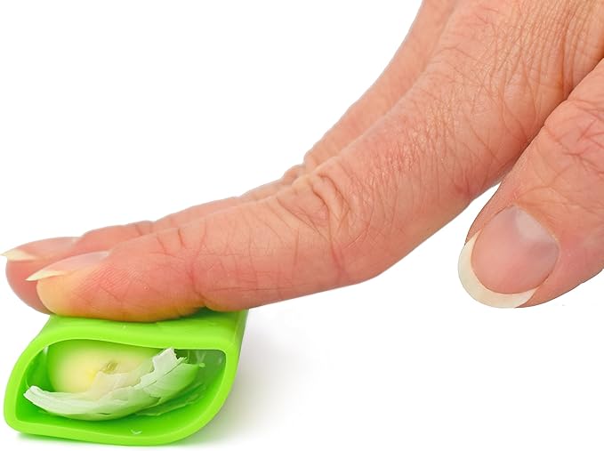 Garlic-A-Peel Garlic Press, Crusher, Cutter, Mincer, and Storage Container - Includes Silicone Garlic Peeler - Easy to Clean - Stainless Steel Blades – (Green), standard