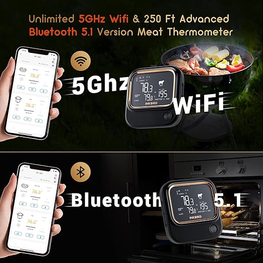 5GHz WiFi & Bluetooth 5.1 Meat Thermometer, Inkbird WiFi Grill Meat Thermometer for Grilling Smoker BBQ Cooking with 4 Probes, IBT-26S Wireless APP Control, Alarm Timer, Backlit LCD, Rechargeable