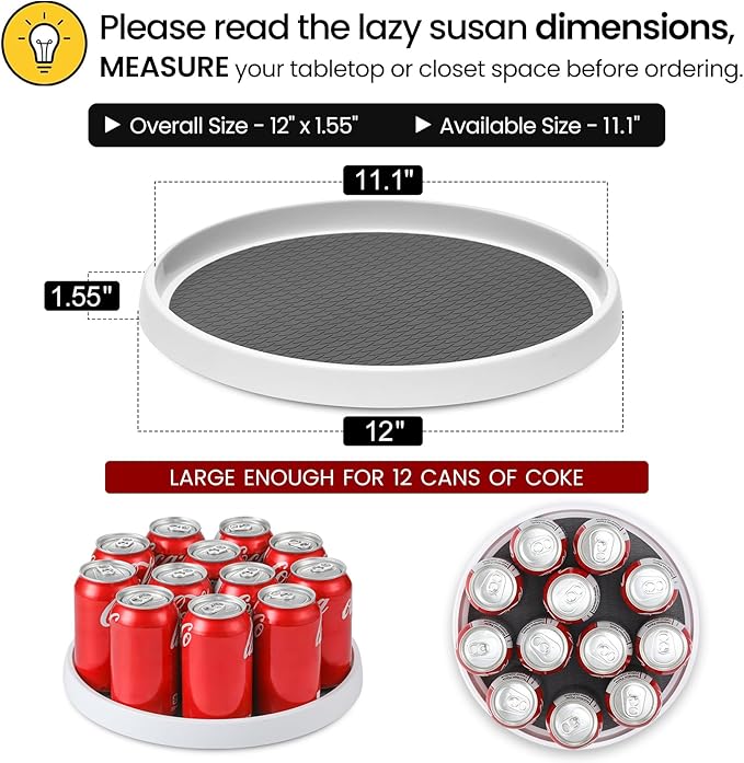 2 Pack, 12-Inch Non-Skid Lazy Susan Organizers - Turntable Rack for Pantry Organization and Storage, Kitchen, Fridge, Cabinets, Bathroom Makeup Vanity Countertop, Under Sink Organizing, Spice Rack