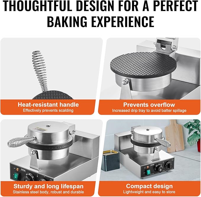 VEVOR Electric Ice Cream Cone Maker, Commercial 1230W Waffle Cone Machine, Non-Stick Stainless Steel Egg Roll Mold, with Temperature and Time Control, Handle, for Restaurant Bakery Snack Bar Family