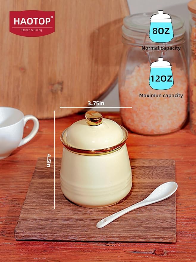 HAOTOP 12oz Sugar Bowl with Lid and Spoon,Simple Ceramic Sugar Jar Sugar Container Sugar Dispenser Coffee Bar Accessories, Modern Kitchen Countertop Canisters, Beige