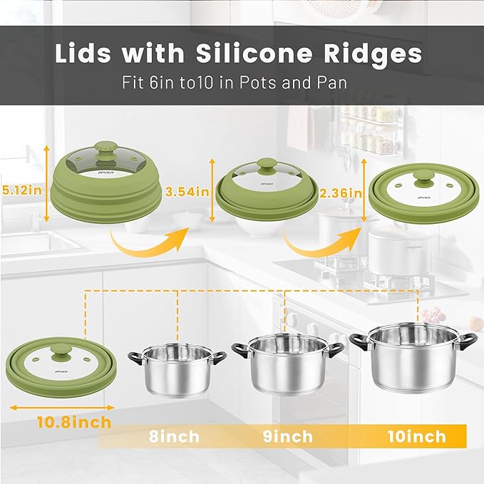 Collapsible Microwave Splatter Cover - Vented Silicone & Glass Lid with Easy-Grip Handle, Fits 6 to 10 Inch Plates & Bowls, 10.8 Inch Diameter, Prevents Splatters & Ensures Even Heating