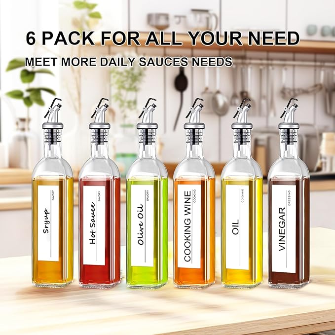 GMISUN Olive Oil Dispenser Bottle, Oil Dispenser Bottle for Kitchen, Cooking Vinegar Dispenser Set 6Pack, Glass Container Cruet-Pourer Spout, Funnel and Labels