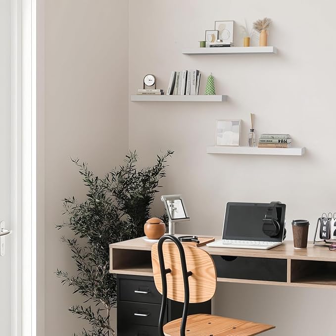 Colima Floating Shelves for Wall White Wood Wall Shelf for Bedroom, 24 Inch Wall Mounted Floating Shelves for Bathroom Living Room Kitchen Office, 1.3" Thick Floating Book Shelves for Wall, Set of 3