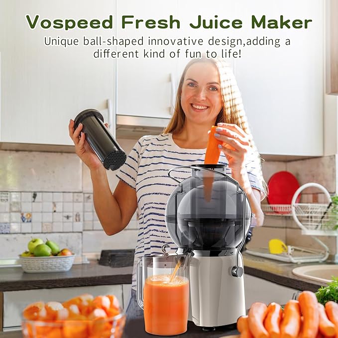 Juicer Maker,Vospeed Juicer Machines,750W juicer machines vegetable and fruit,With 3.5-Inch Wide-Mouth Feed Chute,Juice Extraction at Constant Temperature,With 1.2L Cup, BPA-Free,Easy to Clean (White)