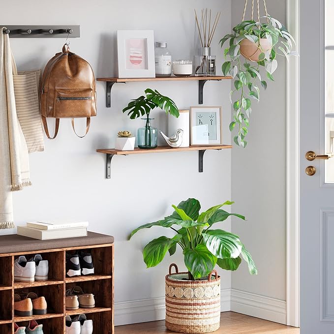 DINZI LVJ Long Wall Shelves, 23.6 Inch Wall Mounted Shelves Set of 2, Easy-to-Install, Wall Storage Ledges with Sturdy Metal Brackets for Living Room, Bathroom, Bedroom, Kitchen, Rustic Brown