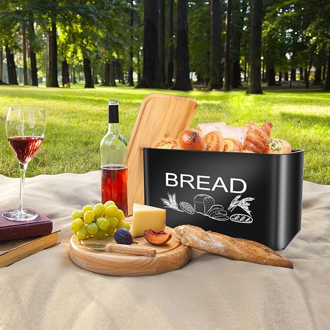 JIGUOOR Black Bread Box, Extra Large Space Saving Vertical Metal Bread Box with Wooden Cutting Board Lid, Holds 3 Loaves, Farmhouse Kitchen Bread Storage, Kitchen Parts Box 12.99" x 7.08" x 7.08"