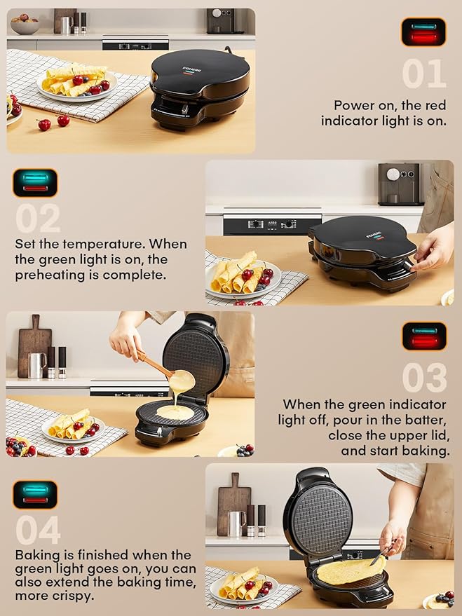 FOHERE Waffle Cone Maker Machine and Ice Cream Bowl Maker with Browning Control, Double Side Nonstick Waffle Bowl Maker with Cone Roller, 7.5” Thin Waffle Maker for Home Kitchen