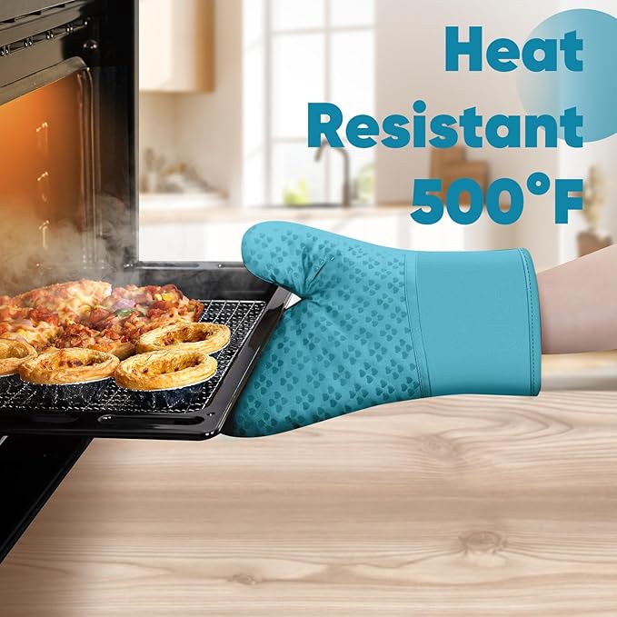 Oven Mitts and Pot Holders 4 Sets, Heat Resistant 500 ℉ Oven Mitt and Pot Holder,Oven Glove&Potholders with Non-Slip Silicone Surface,Kitchen Essentials for Cooking/Baking/BBQ-Lake Blue