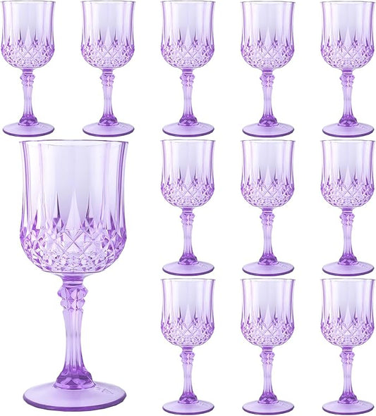 Plastic Wine Glasses，Plastic Goblets Vintage Style Cordial Drinking Glasses for Wedding Reception, Grand Event Party Supplies (12, Purple)