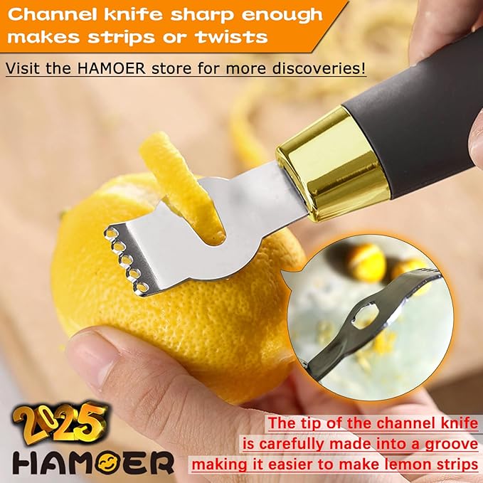 Lemon Zester Tool with Channel Knife Citrus Twist Making Tool Ergonomic Curved Handle Gold-Black