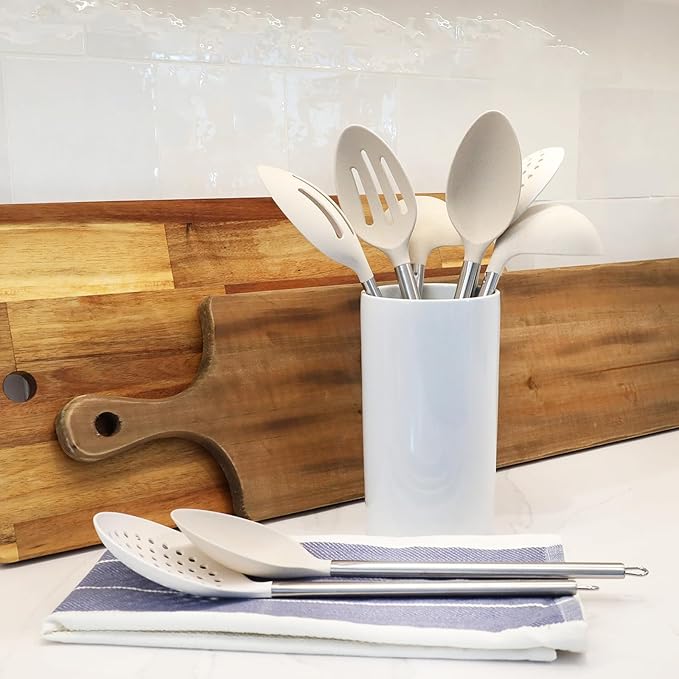 Beille Cream Wheat Straw Slotted Spoon with Stainless Steel Handle Kitchen Utensils, 13 Inch