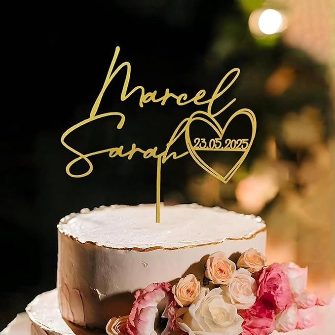 Personalized Wedding Cake Topper, Gold Cake Topper For Wedding, Rustic Weddings Cakes Topper, Personalized Acrylic or Wood Cake Decoration for Engagement, Anniversary, Bridal Shower 3