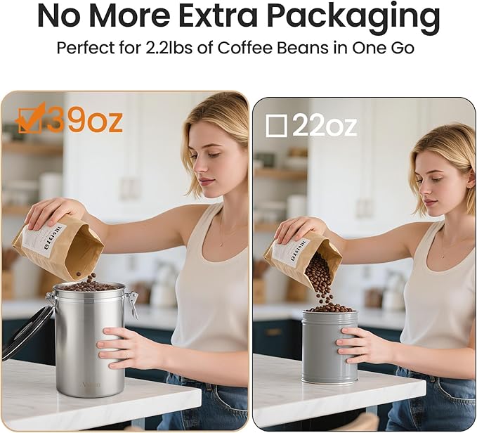 Veken Coffee Canister, 39OZ Large, Airtight Stainless Steel Food Storage Container for 2.2lbs Coffee Beans, Ground, Sugar, Tea, Flour, Rice, Cereal, Cookies Jars, Bar Accessories & Gifts, Silver