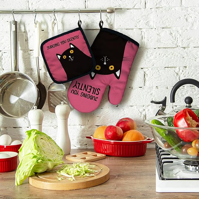 ZHANTUONE Judging You Silently Funny Heat Resistant Oven Mitts and Pot Holders Set with Silicone Non-Slip, Cute Cat Cooking Baking Gadgets, Gifts for Mom Aunt Sister BFF Cat Lover