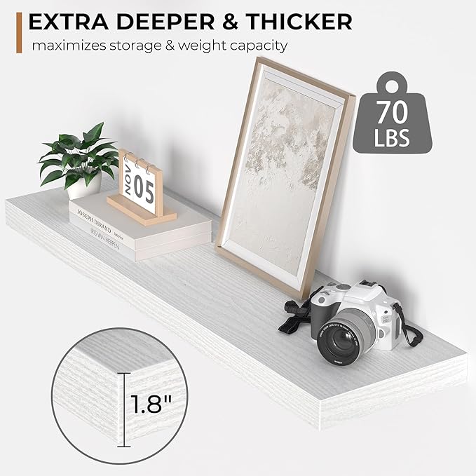 Floating Shelves - 10.3 Inch Deep Wall Shelf for Decor & Storage - Wall Mounted Display Shelving with Invisible Heavy-Duty Metal Bracket - 36" W x 10.3" D x 1.8" H - Set of 1 - Rustic White