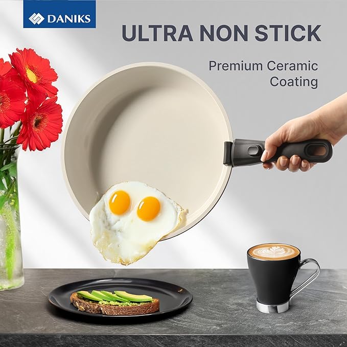 Daniks 9-Piece Nonstick Cookware Set, Ceramic Induction Pots and Pans with Detachable Silicone Handles, Oven & Dishwasher Safe, Black