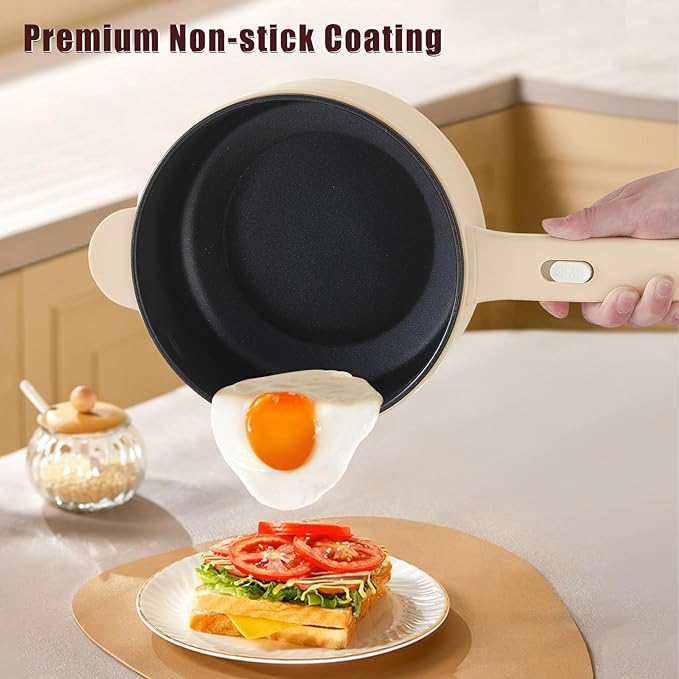 Dezin Electric Cooker, 2L Non-Stick Sauté Pan, Rapid Noodles Cooker, Mini Pot for Steak, Egg, Fried Rice, Ramen, Oatmeal, Soup with Power Adjustment, College Dorm Room Essential(Egg Rack Included)