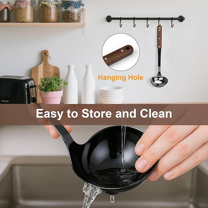 FJNATINH Soup Ladle, 304 Stainless Steel Ladle Spoon for Serving Wok Soup with Ergonomic Heat-proof Wooden Handle, [Heat Resistance, Integral Forming]