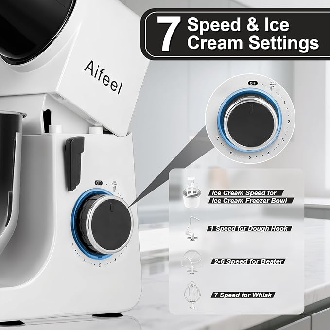 Aifeel Stand Mixer,6.5QT Kitchen Electric Mixer with 2QT Ice Cream Maker Bowl, 6 in 1 Multifunctional Bread Dough Mixer with Dough Hook,Wire Whip & Beater (Black-White)