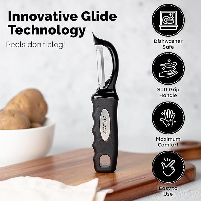 Zulay Kitchen Premium Vegetable Peeler for Kitchen - Swivel Peeler with Razor Sharp Stainless Steel Blades & Strong Ergonomic Handle - Dishwasher Safe, Easy To Use with Blemish Remover - Black