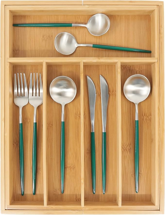 VaeFae Bamboo Drawer Organizer, Expandable Silverware Drawer Organizer, Cutlery Tray with Dividers for Kitchen Utensils, Medium