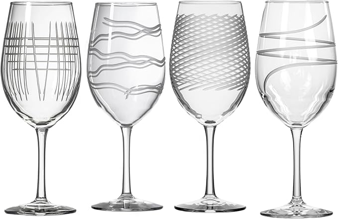 Rolf Glass Symmetry All Purpose Wine Glass | 18oz Large Wine Glasses | Proudly Made in the USA | Mixed Contemporary Designs - Twist, Cyclone, Matchstick, Good Vibrations | Set of 4