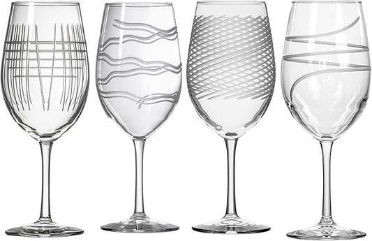 Rolf Glass Symmetry All Purpose Wine Glass | 18oz Large Wine Glasses | Proudly Made in the USA | Mixed Contemporary Designs - Twist, Cyclone, Matchstick, Good Vibrations | Set of 4