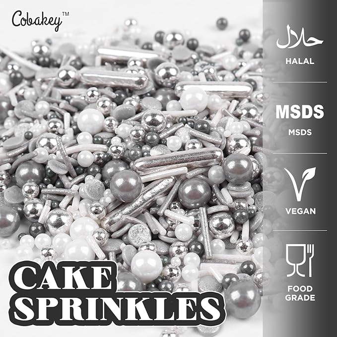 Gray & Sliver Sprinkles for Cake Decorating 4.23ounce - Sugar Mix Contains Metallic & Pearl Sprinkles for Cupcake Toppers, Ice Cream, Candy, Cookie Decorations - Holiday Party Supplies