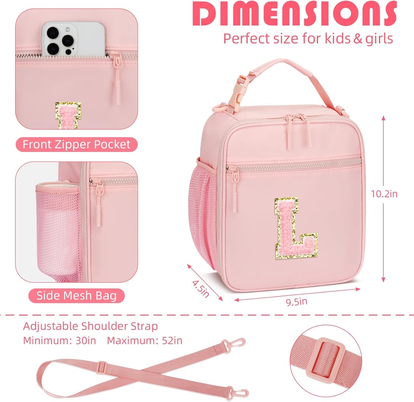 Initial Insulated Lunch Bag for Girls Kids, Back to School Gift, Reusable Leak-proof Lunch Box with Adjustable Strap for School Daycare Travel Picnic (Pink,L)