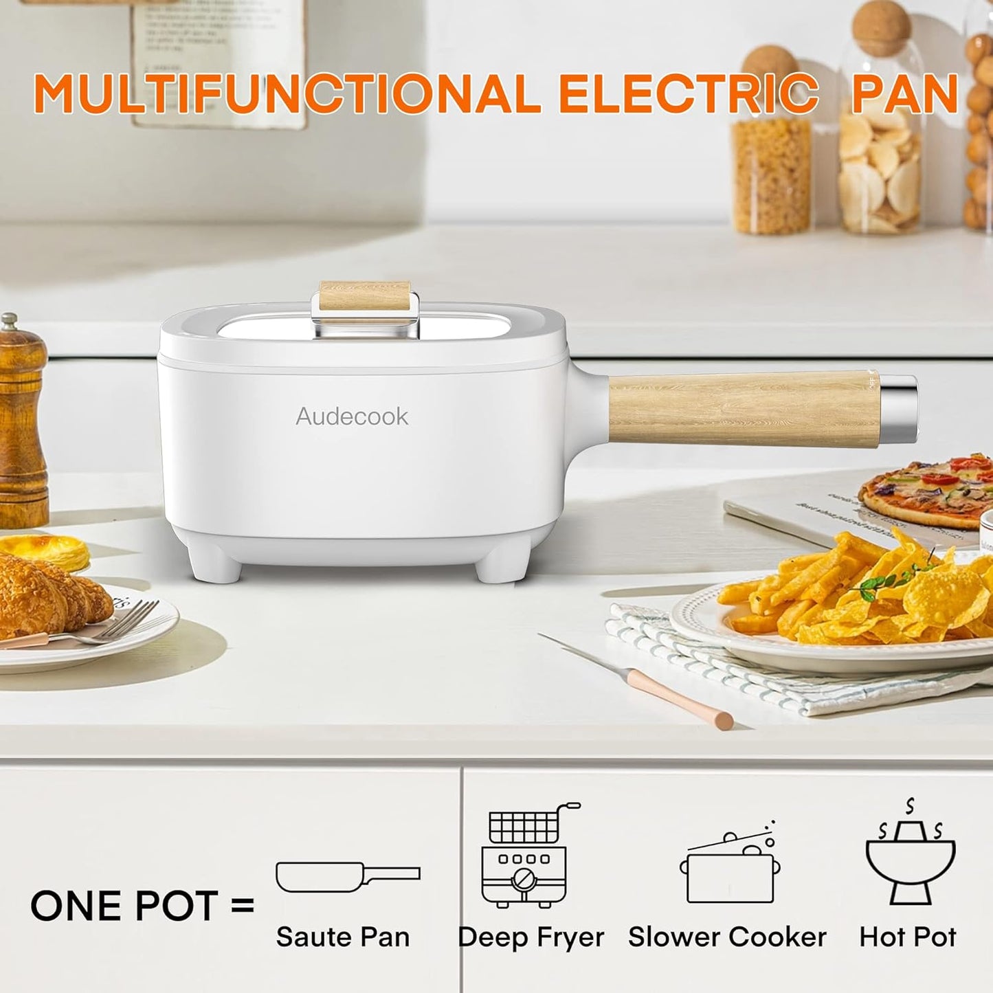 Audecook Hot Pot Electric 2L, Cermic Glaze Non-Stick Frying Pan 8 Inch, Portable Travel Cooker for Ramen/Steak/Fried Rice/Oatmeal/Soup, with Dual Power Control (Silicone Spatula Included)