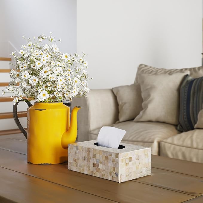 PEMAR Rectangular Mother of Pearl Lacquer Nacre Inlay Wood Tissue Box, Handmade Rectangle Tissue Box Cover Holder Decorative Napkin Dispenser Organizer Rustic Farmhouse Vintage Decor (White Sand)